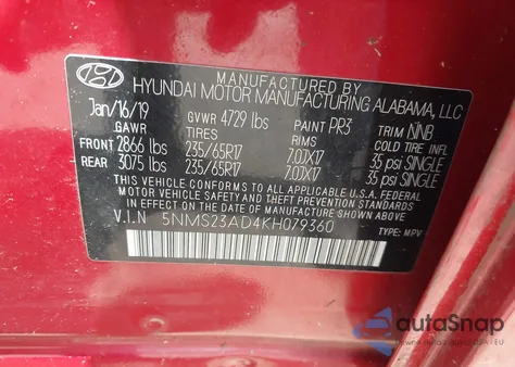 2019 Hyundai Santa Fe Se z USA, uszkodzony, nr VIN 5NMS23AD4KH079360